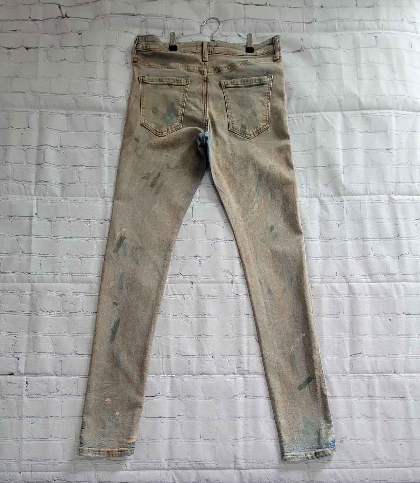 Fashion Nova Men's Stacked Skinny Tan & Blue Paint Splattered Jeans