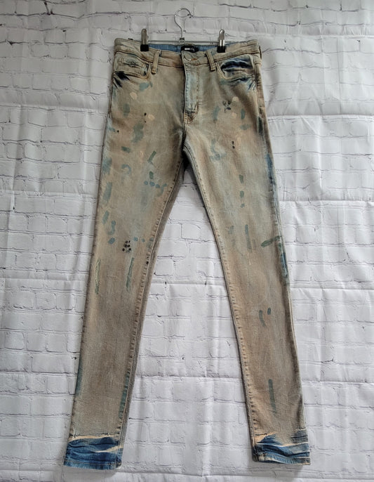 Fashion Nova Men's Stacked Skinny Tan & Blue Paint Splattered Jeans