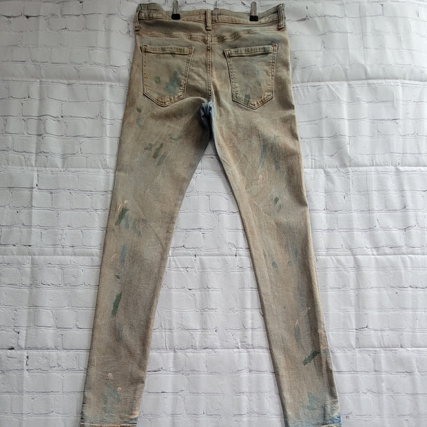 Fashion Nova Men's Stacked Skinny Tan & Blue Paint Splattered Jeans