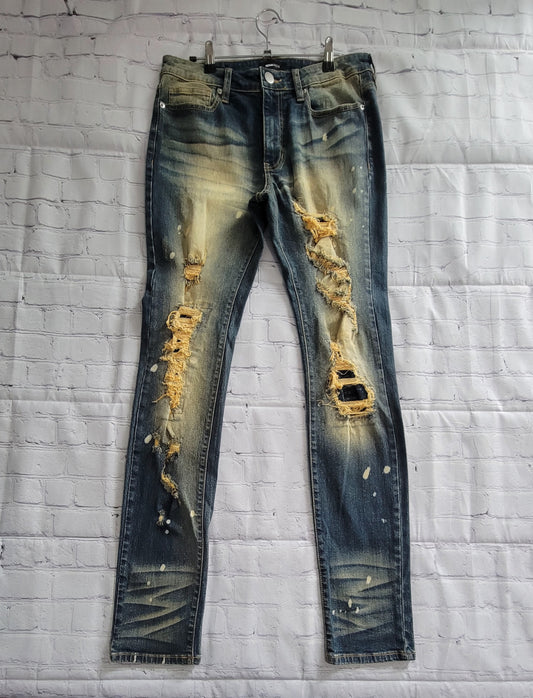 Fashion Nova Men's Stacked Skinny Distressed Paint Splattered Jeans